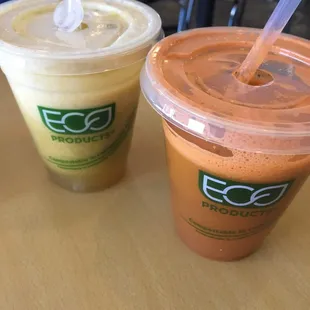 Left: Juice Special with pineapple, cilantro, agave nectar, and coconut water Right: Always Sunny with carrots and ginger
