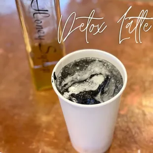 Unique superfood lattes. This is the detox latte house made local honey syrup and activated charcoal