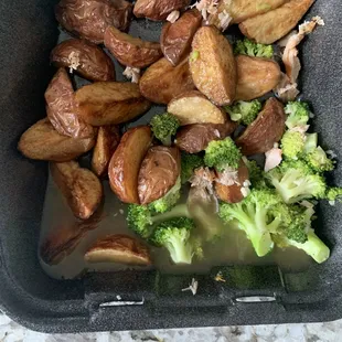 Anyone up for some soggy potatoes saturated salmon and broccoli juice?