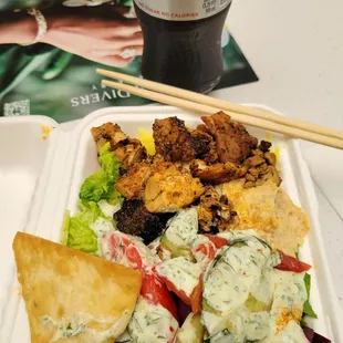 BIG thumbs up for the hearty $16 salad with three sides + hot item