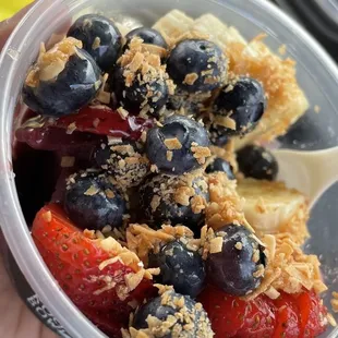 Custom Bowl: Acai, Hemp granola, toasted coconut, strawberries, blueberries, banana &amp; honey