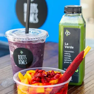 Acai power smoothie, la verde juice, chamango bowl