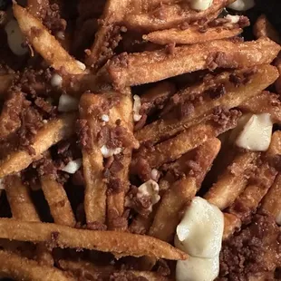 Fries with slightly melted cheese curds and bacon bits