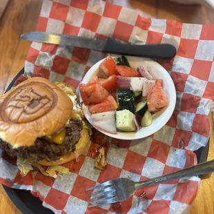 The Truth Burger and Marinated Cucumber &amp; Tomato Salad