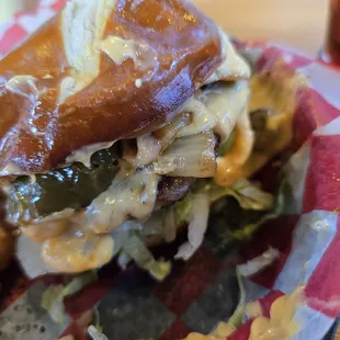 Oktoberfest Dad Bod Brat Burger. So tasty and so messy, totally worth it.