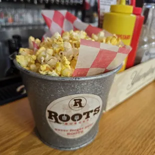 Free popcorn at the bar.