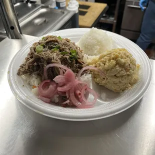 Kalua pig plate with pickled onions and the Mac salad