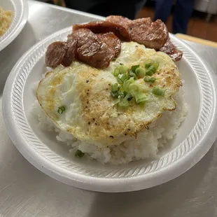 Portuguese sausage with scrabbled eggs and white rice