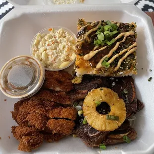 Mac salad, sushi rice, katsu chicken, kalbi short ribs