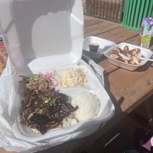 Kalbi, Kalua pork, Mac salad and rice with a mini chicken katsu