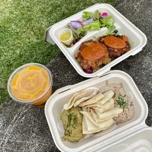 Cornmeal cakes, eggplant and bean dips, smoothie