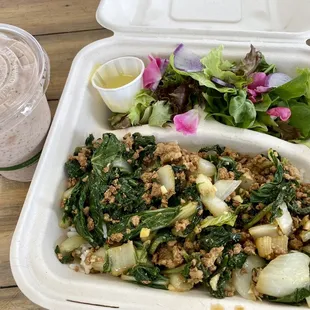 Ground pork and greens with banana smoothie
