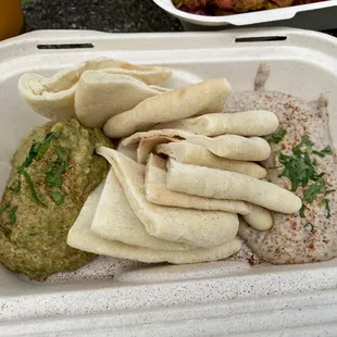 Eggplant dip and bean dip with flatbread