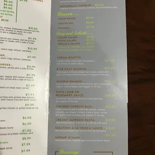 Dinner and drink menu