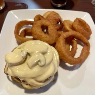 Mushroom Swiss burger without the buns, onion rings