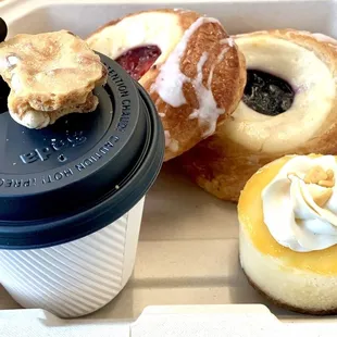 Peanut Brittle Cappuccino. Strawberry &amp; Blueberry Cheese Danish. Tasted like Mango Cheesecake, but I ordered Passion Fruit.