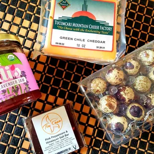 Heidis, Quail Eggs, Tucumcari Green Chile Chedda, and a lil sweet treat