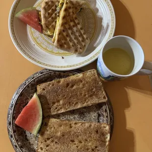 Fancy toast (brown sugar + Cinnamon) , breakfast sandwich and golden milk latte
