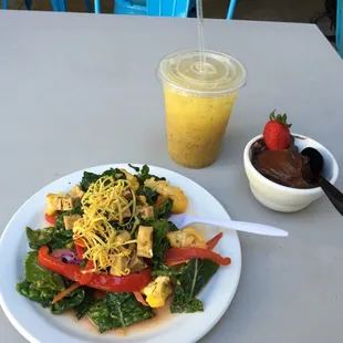 Lunch! Tamarack salad, mango pineapple chiller, and chocolate pudding