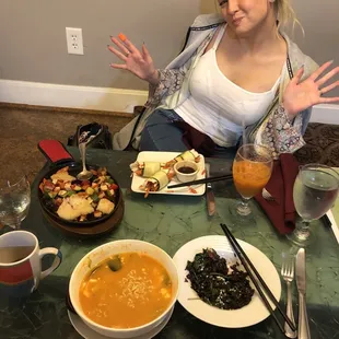 Forbidden Rice Risotto, Spicy Tofu Ramen,  Cucumber Roll, Sizzling Rice and Vegetables, Osprey Gunpowder Tea, Thai Tea