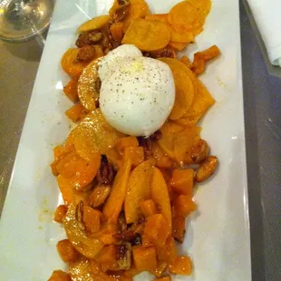 butternut squash &amp; persimmon salad with buratta, almonds and pecans.