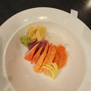 Shrimp, Crab, Salmon, and Tuna Sashimi (doesn&apos;t come with shrimp...replaced snapper and white tuna for shrimp)