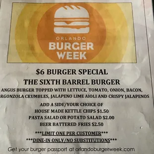Burger week menu