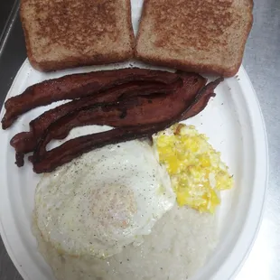 Bacon grits eggs of choice and toast.