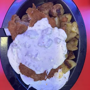 Chicken Fried Steak with potatoes n over easy Chicken Fried Steak and Eggs