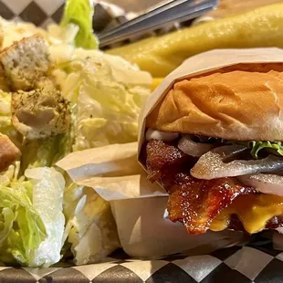 Petite Bacon Cheeseburger with a side Caesar salad