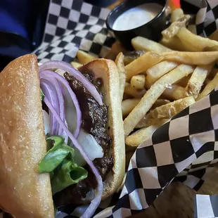 a burger and fries