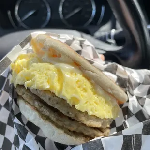 Sausage, egg &amp; cheese on English muffin.