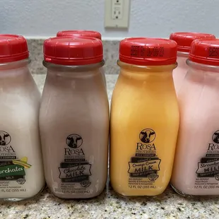 6-pack variety of flavored milks: Horchata, chocolate (2), orange cream, and strawberry (2).