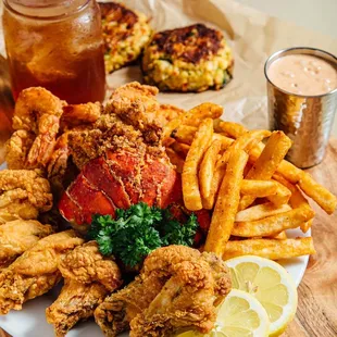 Rosa Lee's Special - Fried  Grouper, wings, shrimp, crab cake or fried lobster and sides!
