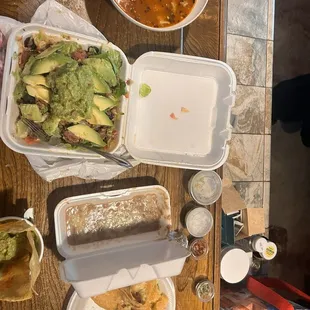 Menudo. Beans. Shredded beef salad with guacamole. Extra avocado