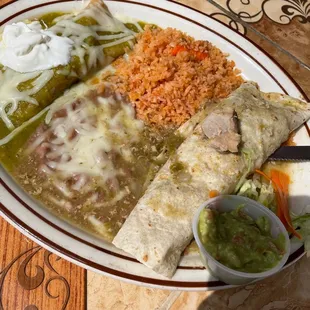 3 Item Combination Plate chili verde burrito, green enchilada and bean tostada.