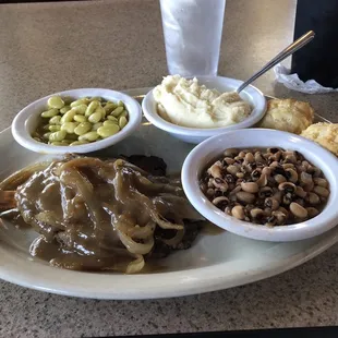 Chopped steak with limas, black eyes and mashed potatoes. Cheddar biscuits too.