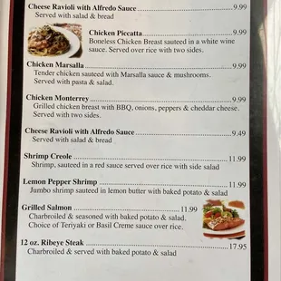 menu for special items