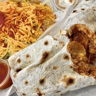 Meat/Bean/Rice/Cheese Burrito &amp; Bean Tostada w/ hot sauce - tasty classic favorites.
