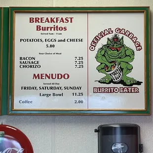 a menu for breakfast