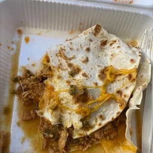 Say hello to my soggy quesadilla. Two bites and I'm done. Huge pieces of chicken inside, not very flavorful, it's just a no.