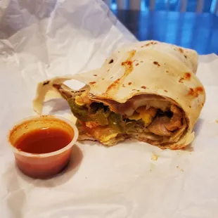 Chile relleno burrito with beans.