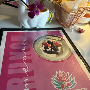 Menu, unicorn drink, chips