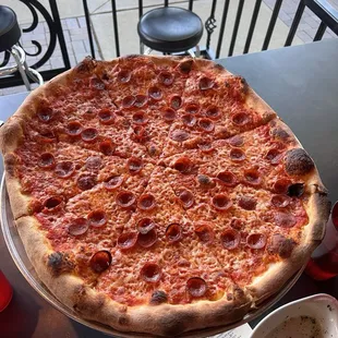 Pepperoni Pizza - Very tasty and will absolutely be returning! Thinner than NY style and chewy crust but high quality and well made.
