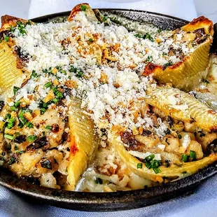 Stuffed Shells: Bay Scallop, Shrimp, Mushroom, Bechamel. $18