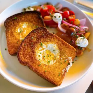 Egg in a hole - house-made brioche, smoked salmon, whipped crème fraiche, red onion, capers
