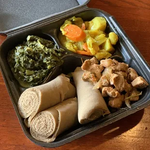 Chicken ,green,cabbage and Injera