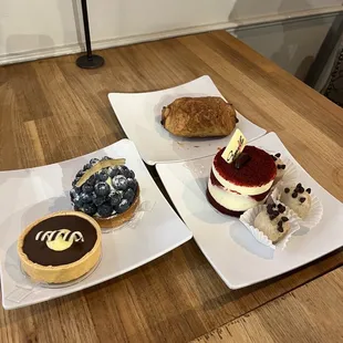 Tarts, truffle, chocolate croissant, red velvet cake