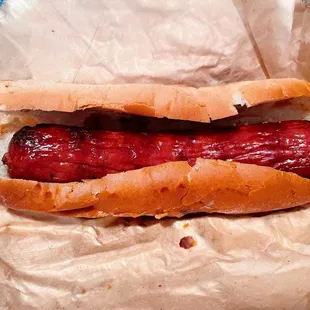 Beer sausage on a French roll