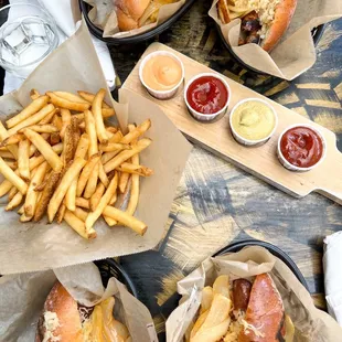 Duck Sausage on a French Roll, Knockwurst on a French Roll, Wild Boar Sausage on a French Roll, Hungarian Sausage on a French Roll, Fries
